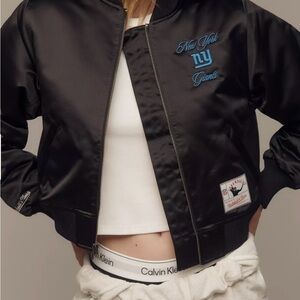 Mitchell & Ness Black Bomber Jacket with Blue NY Giants Embroidery
